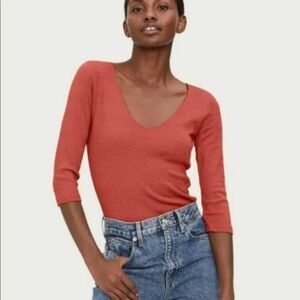Michael Stars Deep V-Neck 3/4 Sleeve Top – Coral | Size OS